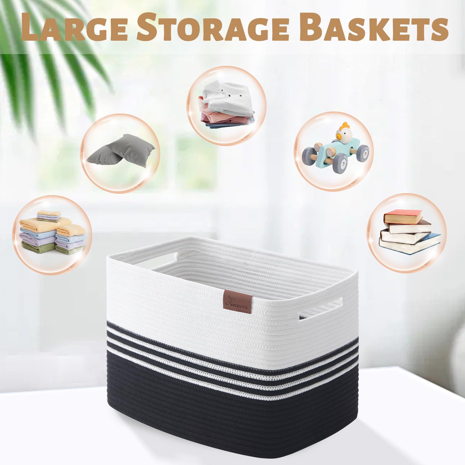 42L Storage Baskets 2-Pack - Cotton Rope Organizer Bins for Laundry, Toys & Blankets - Perfect for Closet, Living Room, Bedroom & Laundry Room Organization - Black