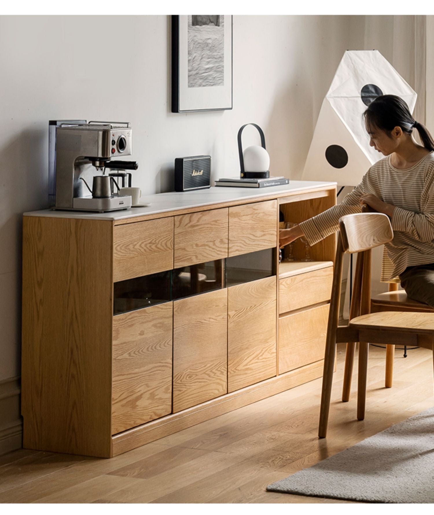 Oak Solid Wood Nordic Sideboard with Slate Top - Modern Buffet Cabinet for Dining Room, Living Room & Entryway Storage