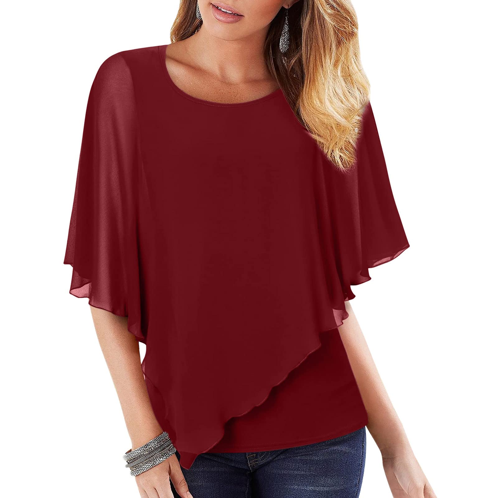 Women's Lightweight Flowy Shirt - Double-Layered Printed Chiffon Poncho Blouse Top for Casual Wear & Summer Outfits | Perfect for Beach Cover-Up, Boho Style & Everyday Fashion