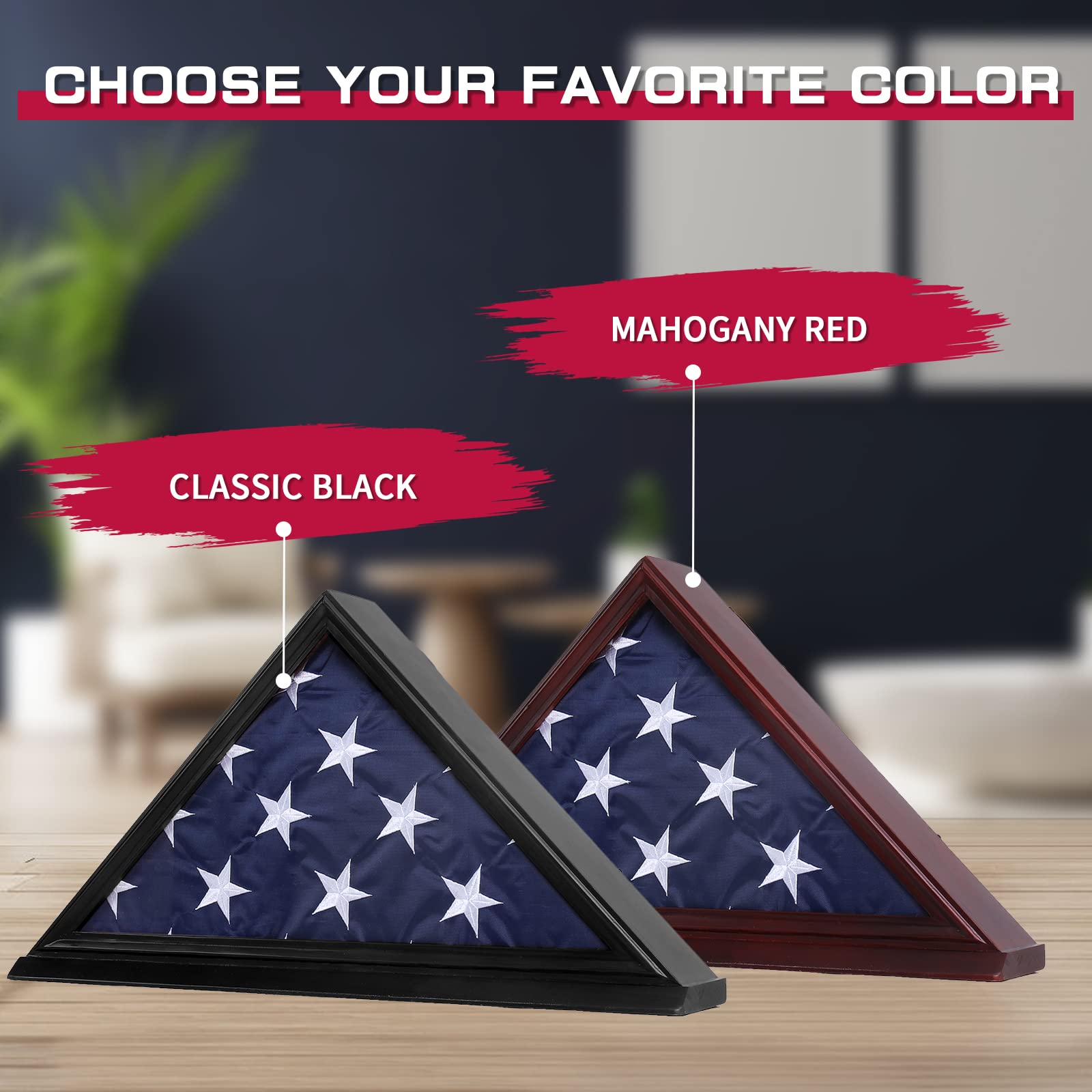 Military Flag Display Case with High Clarity Glass Front - Solid Wood Wall Mounted Shadow Box for 5'x9.5' American Veteran Burial Flag (Red) - Perfect for Honoring Veterans, Home Decor & Memorial Displays