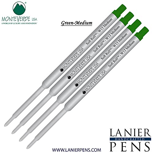 Monteverde® Soft Roll™ Ballpoint W13 Paste Ink Refill 4-Pack - Compatible with Waterman® Style Pens - Green Ink (Medium Tip 0.7mm) - Smooth Writing for Office, School & Everyday Use