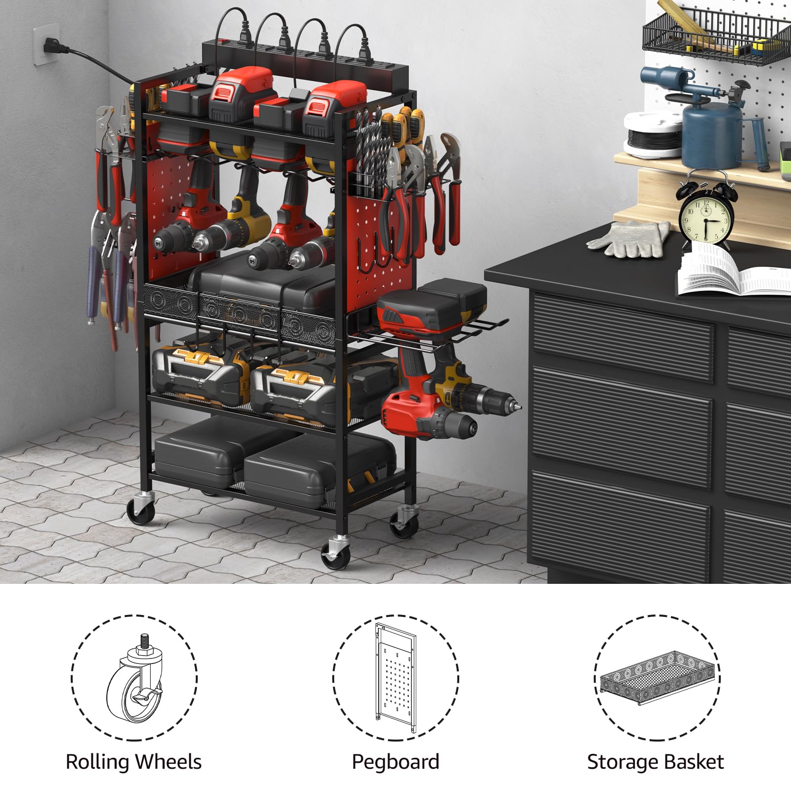 CCCEI Heavy-Duty Rolling Tool Cart with Charging Station - Mobile Garage Storage Organizer for Power Tools, Drills & Batteries - Utility Cart with Power Strip & Wheels for Mechanics & DIY Projects - Perfect for Workshop, Garage & Job Site Organization (Red)
