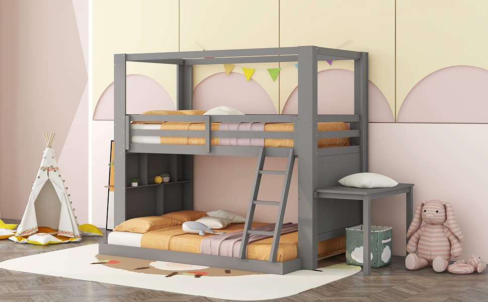 Twin Over Full Bunk Bed with Built-in Desk & Storage Shelves - Sturdy Solid Wood Frame for Kids & Teens - Space-Saving Loft Bed with Convertible Desk & Ladder - Perfect for Small Bedrooms, Dorms & Shared Kids' Rooms (Grey)