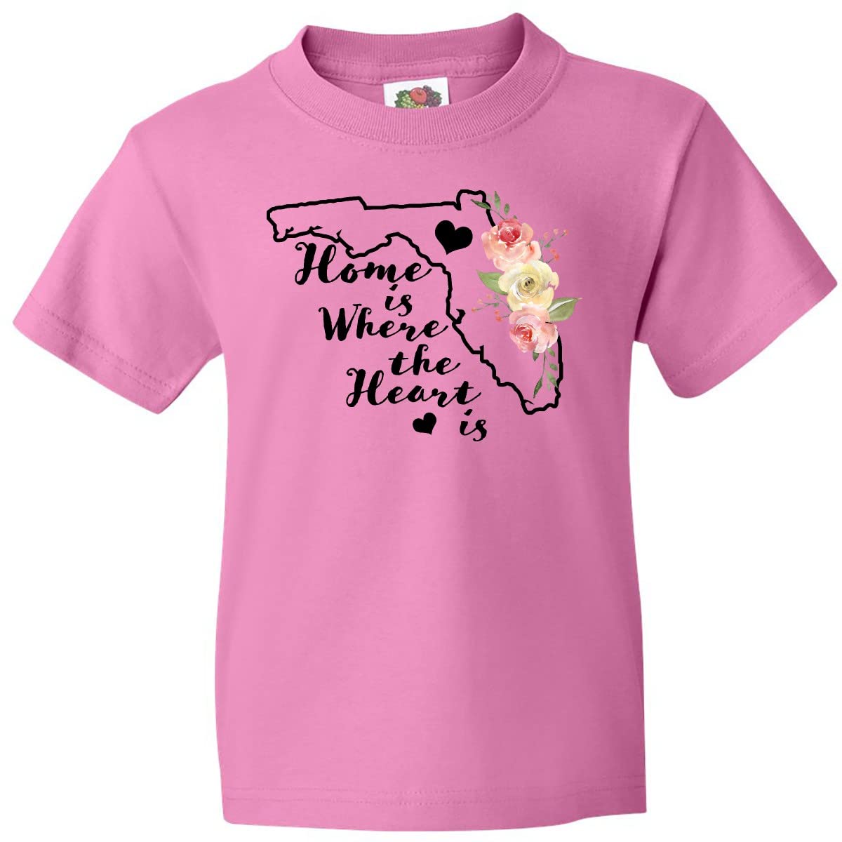 Inktastic Florida Home Where The Heart Is Watercolor Floral Youth T-Shirt - Soft Cotton Kids Tee for Beach Vacations & Family Outings