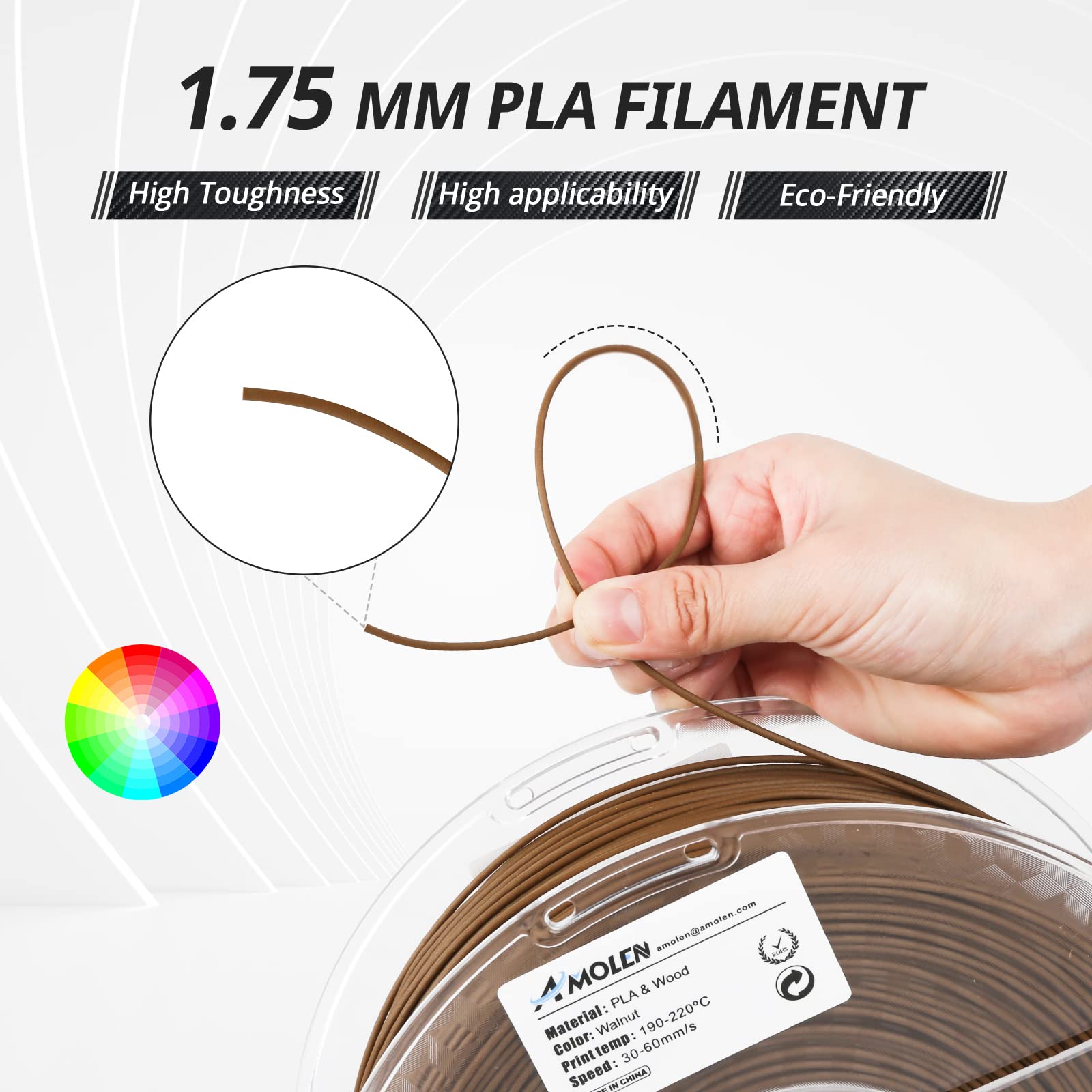 AMOLEN 1.75mm Dark Walnut Wood PLA 3D Printer Filament with Real Wood Fiber - 1KG Spool (±0.02mm Accuracy) for Wood Texture Prints - Perfect for DIY Crafts, Home Decor & Architectural Models