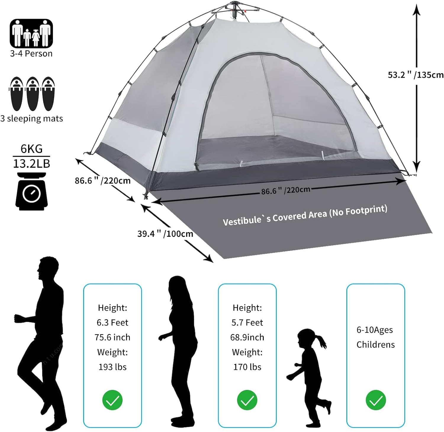 4 Person Instant Pop Up Camping Tent - Waterproof, Windproof Family Tent with Sun Shade Porch - Easy Setup for Outdoor Camping, Hiking & Backpacking - Perfect for Family Adventures, Beach Trips & Music Festivals