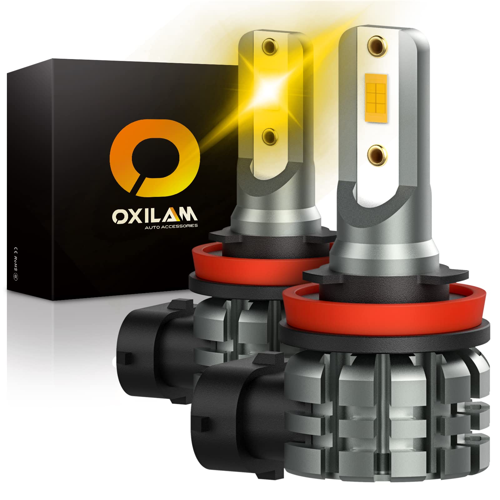 OXILAM H11 H16 H8 LED Fog Light Bulb or DRL 3000K Golden Yellow - 60W 8000LM 500% Brighter - IP67 Waterproof Halogen Replacement - Plug and Play - Pack of 2 - Perfect for Off-Roading, Foggy Conditions & DRL Daytime Running Lights