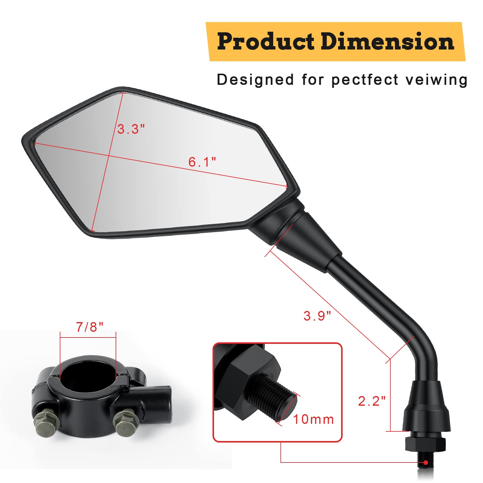 Universal Motorcycle Rear View Mirrors - Adjustable Convex Side Mirrors with M10 Bolt & 7/8