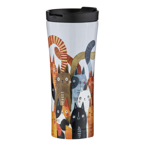Funny Cats Photobomb Travel Mug - Insulated Coffee Cup with Lid - Perfect for Office, Commute & Gifts for Cat Lovers