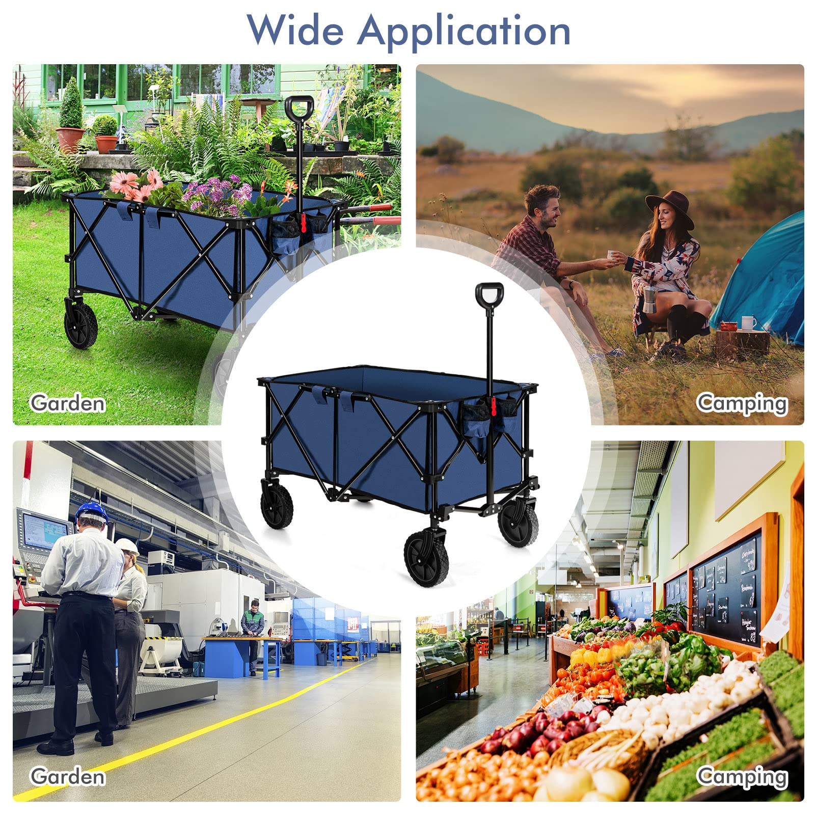 Goplus Collapsible Wagon Cart with Universal Wheels, Adjustable Handle & Storage Bag - Heavy Duty Folding Utility Wagon for Grocery Shopping, Camping, Beach, Gardening & Outdoor Activities (Navy Blue)