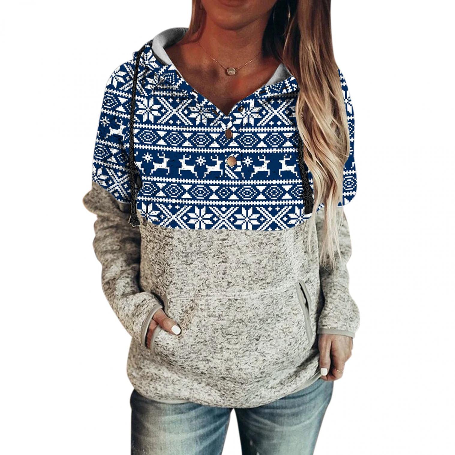 Masbird Women's Casual Christmas Long Sleeve Hooded Pullover Sweatshirt with Button Collar - Cozy Winter Wear for Holiday Parties & Casual Outings