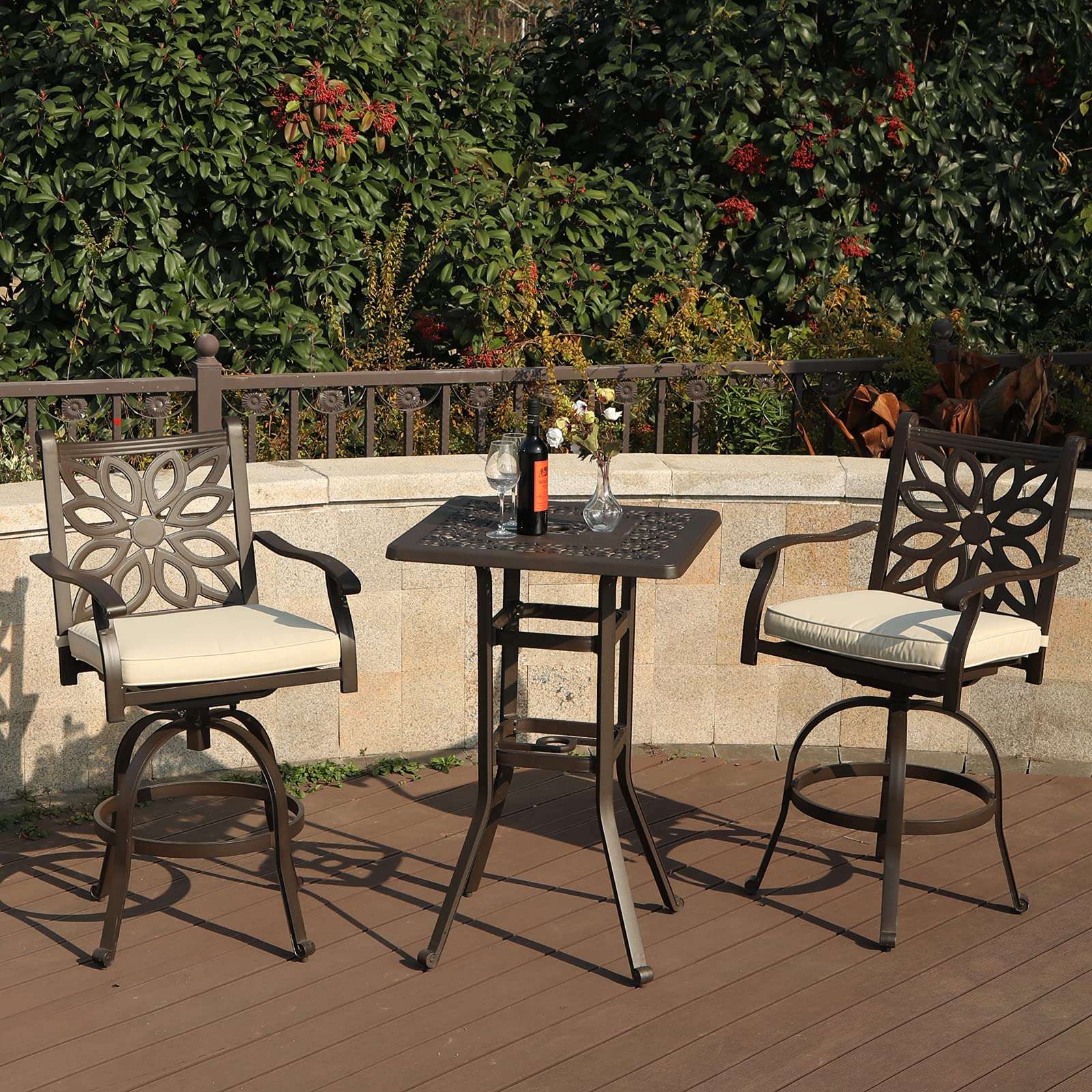MFSTUDIO 27.5 Inch Square Cast Aluminum Bar Height Patio Table - 42 Inch Tall Outdoor Dining Table with 1.75 Inch Umbrella Hole - Perfect for Bistro, Backyard, Poolside, Garden, Deck, and Outdoor Entertaining - Brown