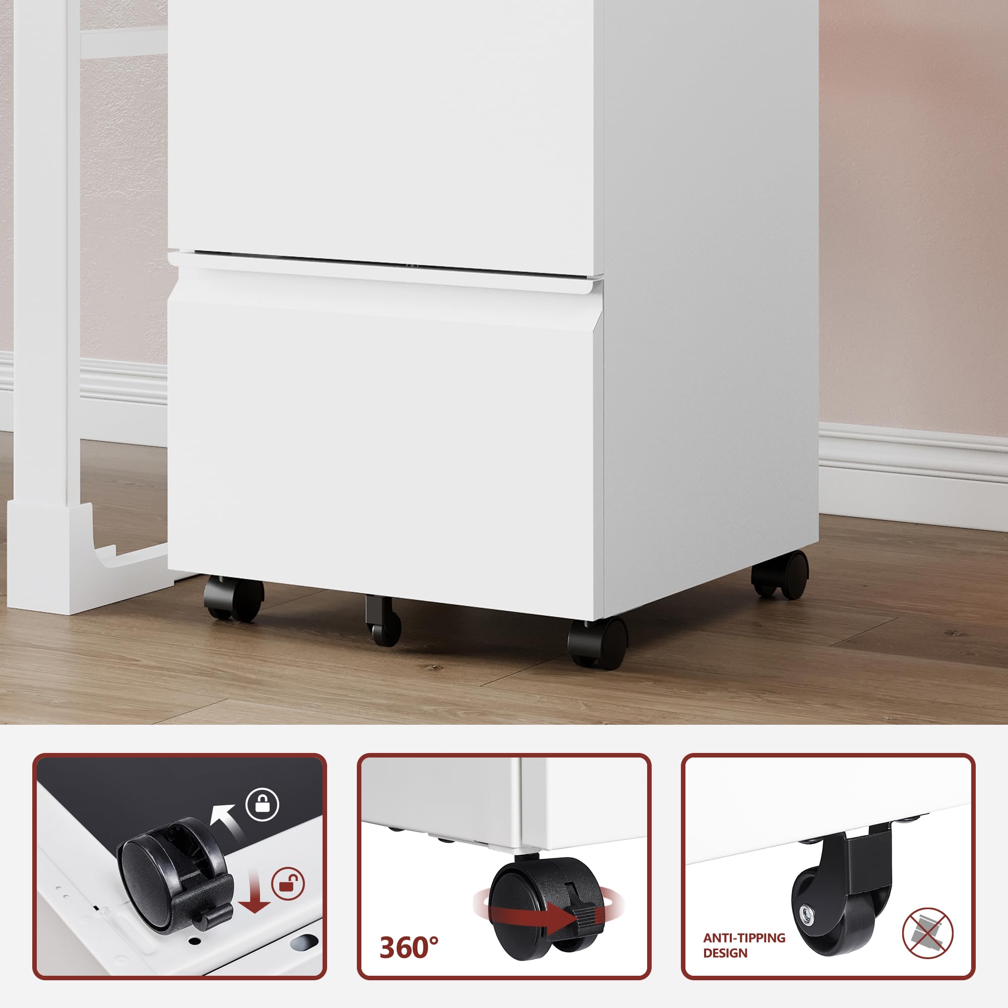 2 Drawer Mobile File Cabinet with Lock & Wheels - Fully Assembled Metal Under Desk Storage for A4/Letter/Legal Size Documents - Perfect for Office, Home & Workspace Organization (White)