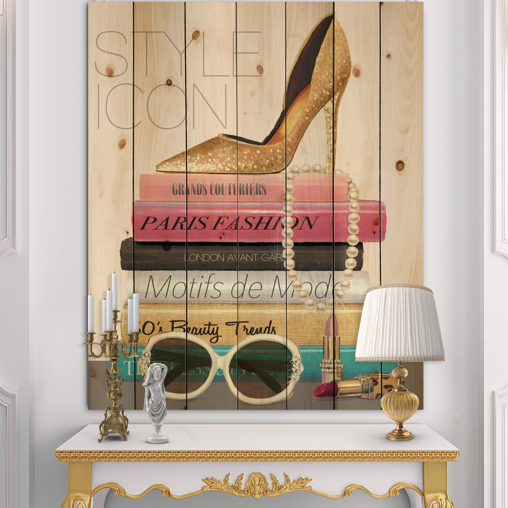 Paris Glamorous Gold Style IV Traditional Wood Wall Decor - Handcrafted Gold Wood Wall Art for Living Room, Large Fashion Wood Wall Panels Printed on Natural Pine Wood - Perfect for Home Decor, Office & Wedding Backdrop