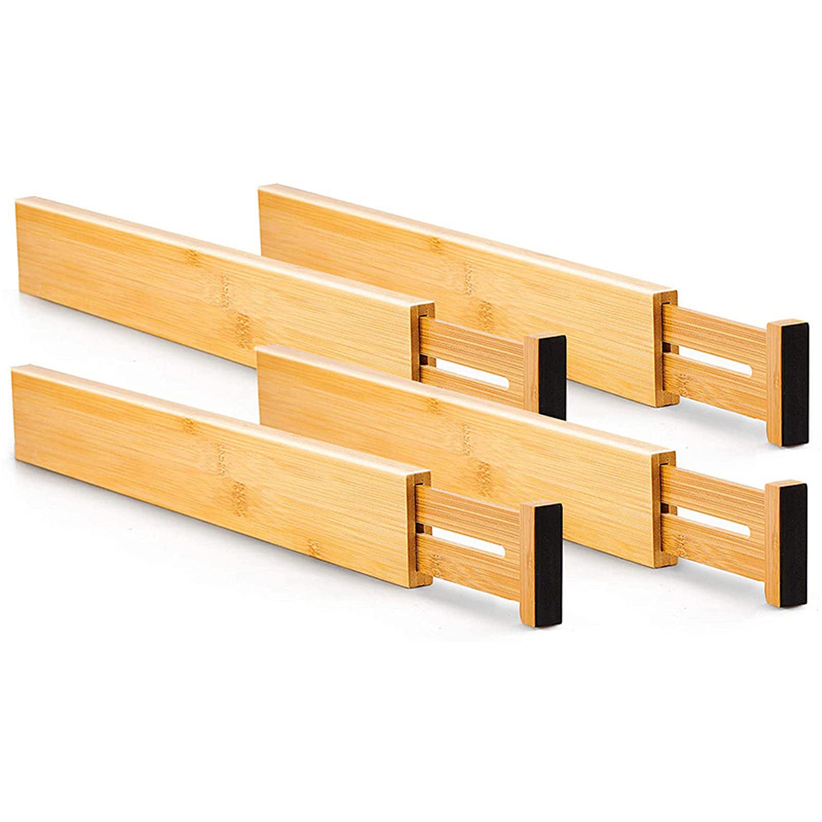 4 Pack Expandable Bamboo Drawer Dividers - Spring Loaded Drawer Organizers for Kitchen, Dresser & Closet (43x6x1.5cm) - Perfect for Utensils, Socks & Jewelry Storage