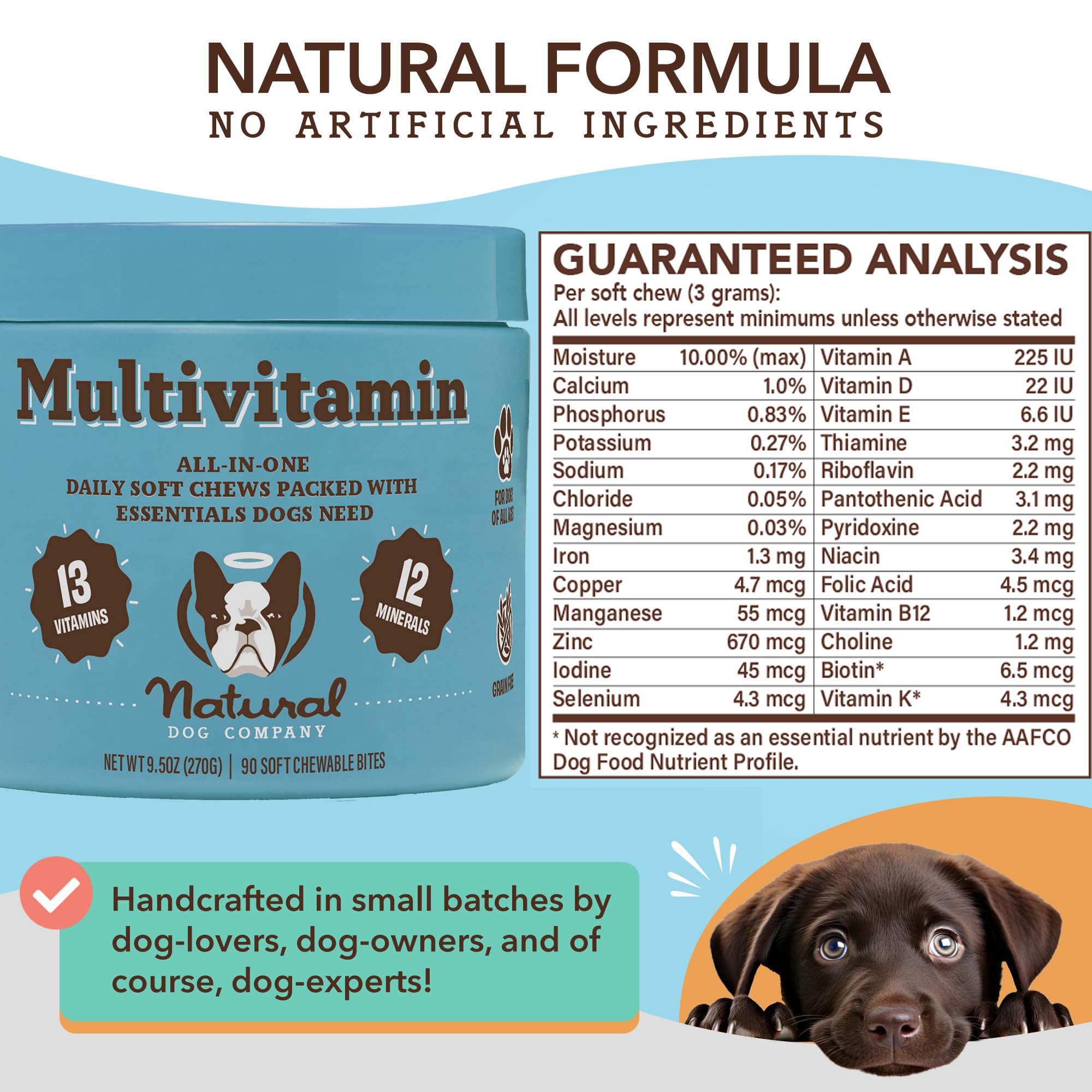 Natural Dog Company Multivitamin Chews (90 Count) - Peanut Butter & Bacon Flavor Dog Vitamins for All Ages & Breeds - Immune Support & Antioxidant Supplement - Perfect for Daily Health Maintenance & Active Dogs