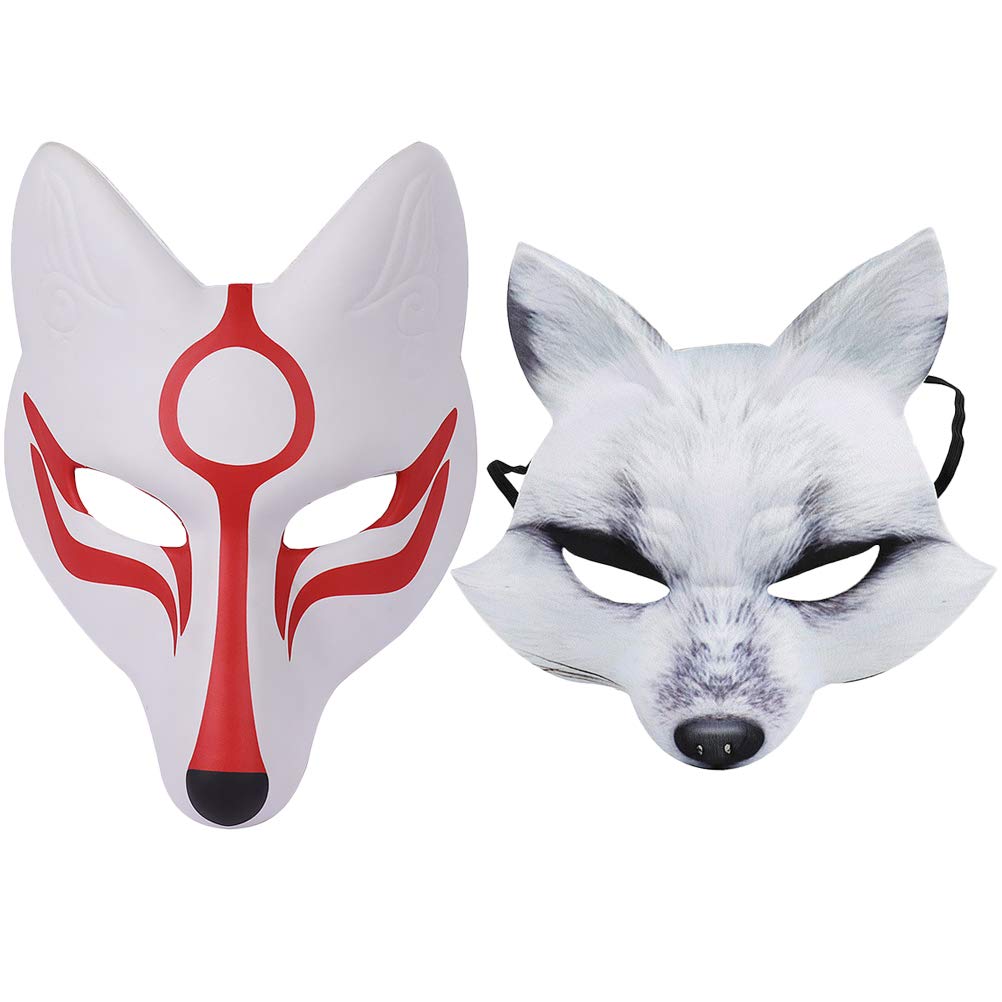 2PCS Halloween Fox Mask - White & Red Animal Cosplay Mask for Dance Party, Masquerade, Prom, Japan Festival | Perfect for Halloween Costume, Cosplay Events & Themed Parties