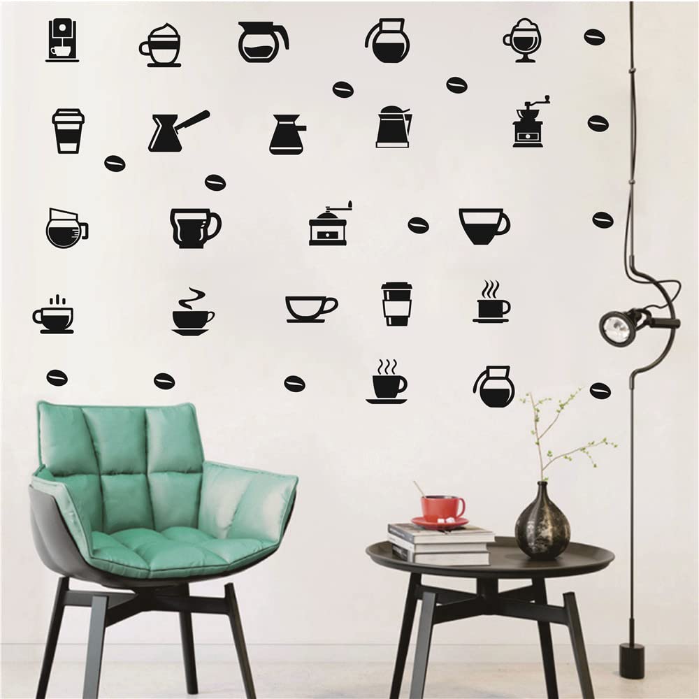 Removable DIY Coffee Cup Wall Decal - Cafe Style Window & Kitchen Decor Sticker for Home, Coffee Shop, Office (Black) | Perfect for Coffee Lovers, Barista Gifts & Kitchen Wall Art