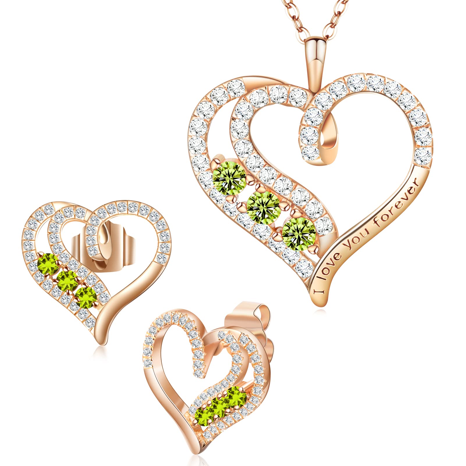 YOHOYO Rose Gold Birthstone Jewelry Set - Love Heart Pendant Necklace & Stud Earrings for Women | Perfect Christmas, Birthday & Anniversary Gift for Mom, Wife & Friends | August Peridot Gemstone Jewelry for Everyday Wear & Special Occasions