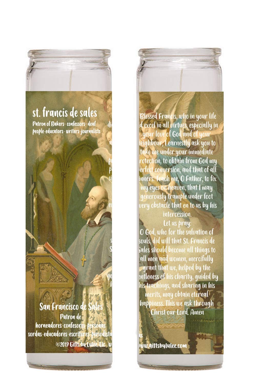 Saint Francis de Sales Patron Saint of The Deaf - Set of 2 Tall Glass Prayer Candles with Engraved Prayer - Perfect for Home Altar, Church Devotion & Spiritual Gifts