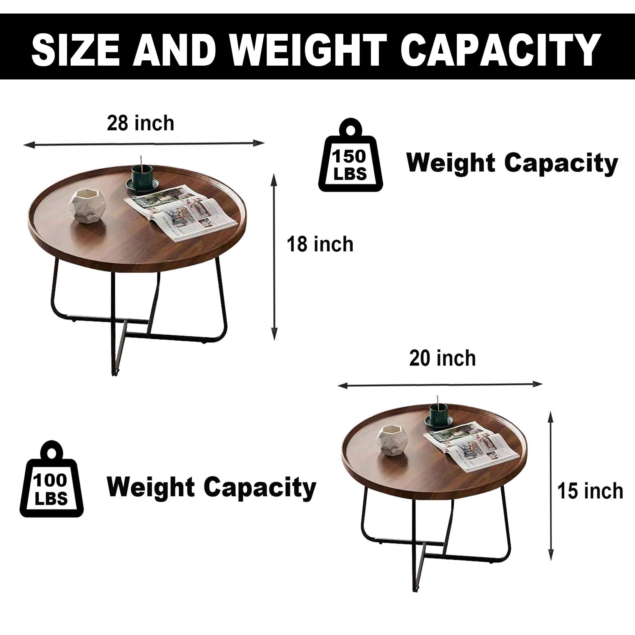 Round Nesting Coffee Table Set of 2 - Walnut Wood Side Tables with Fluted Design for Living Room, Bedroom, Office, Balcony or Yard (28