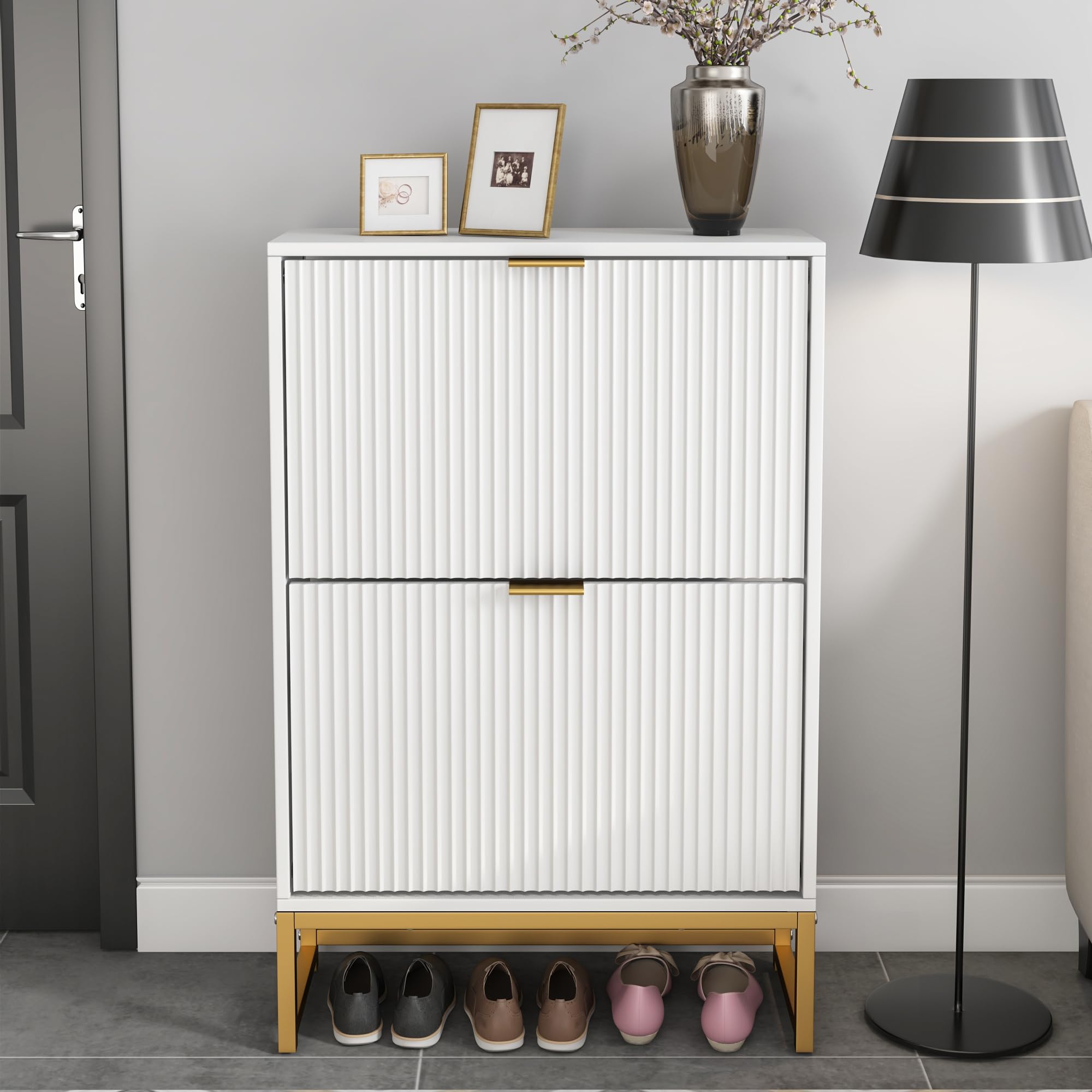 Modern Slim Shoe Cabinet with 2 Flip Drawers - Freestanding Wooden Entryway Shoe Storage Organizer, Narrow Fluted Design for Living Room & Hallway - Perfect for Small Spaces & Apartment Entry (White)