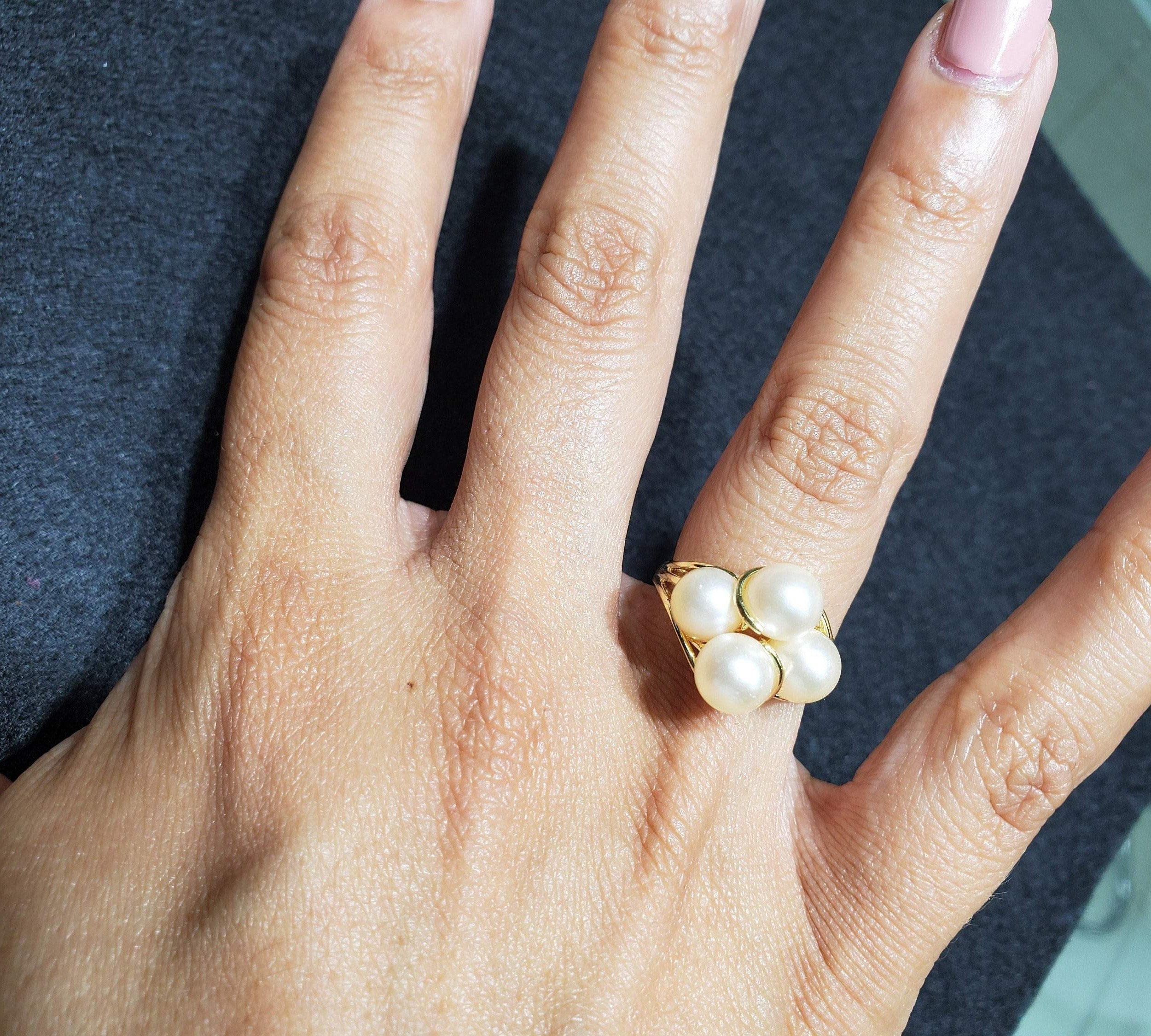 14K Yellow Gold Freshwater Pearl Cluster Ring for Women - Elegant Bridal Jewelry, Wedding Gift, Anniversary Present & Special Occasion Accessory