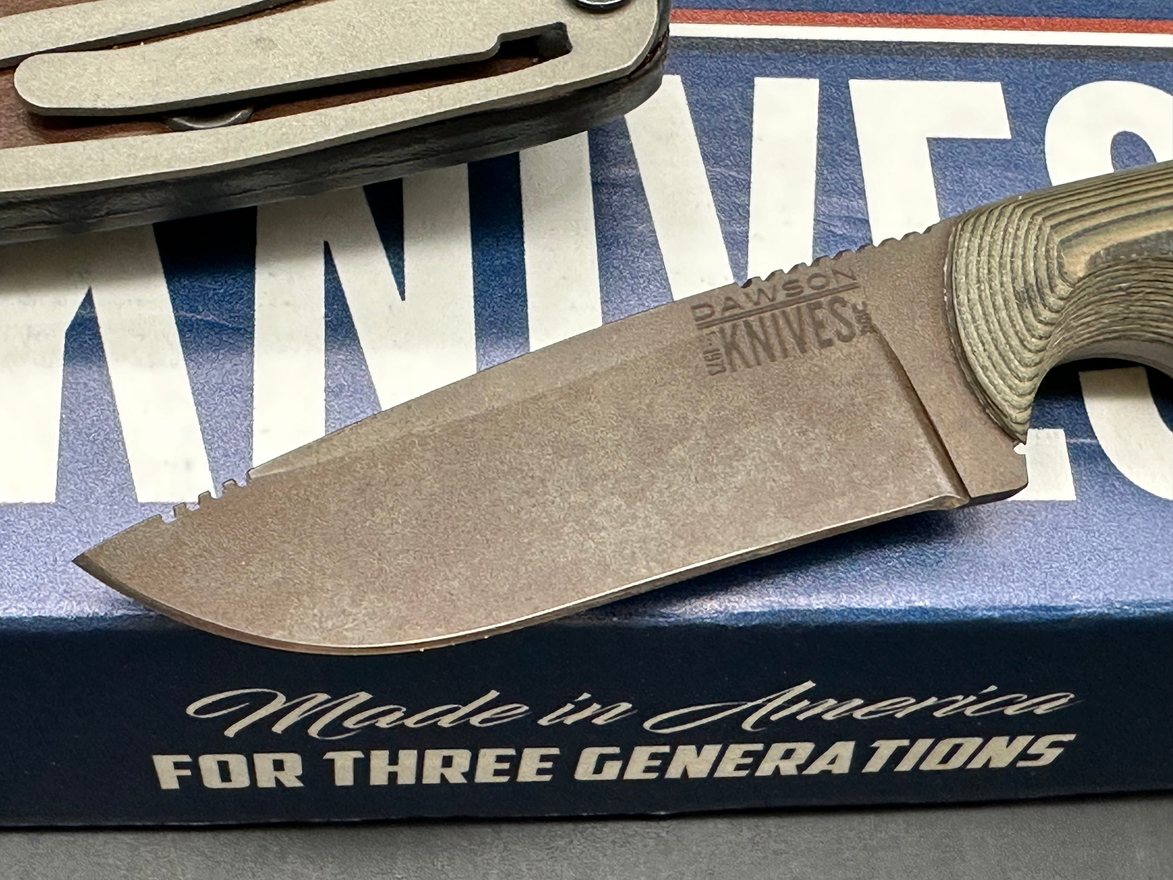 Dawson Deep Notch Magnacut Knife with Ultra Camo Scales & Scorched Earth Blade - Custom Oak City Leather Sheath | Hunting, Camping, Survival Gear & Outdoor EDC Accessories