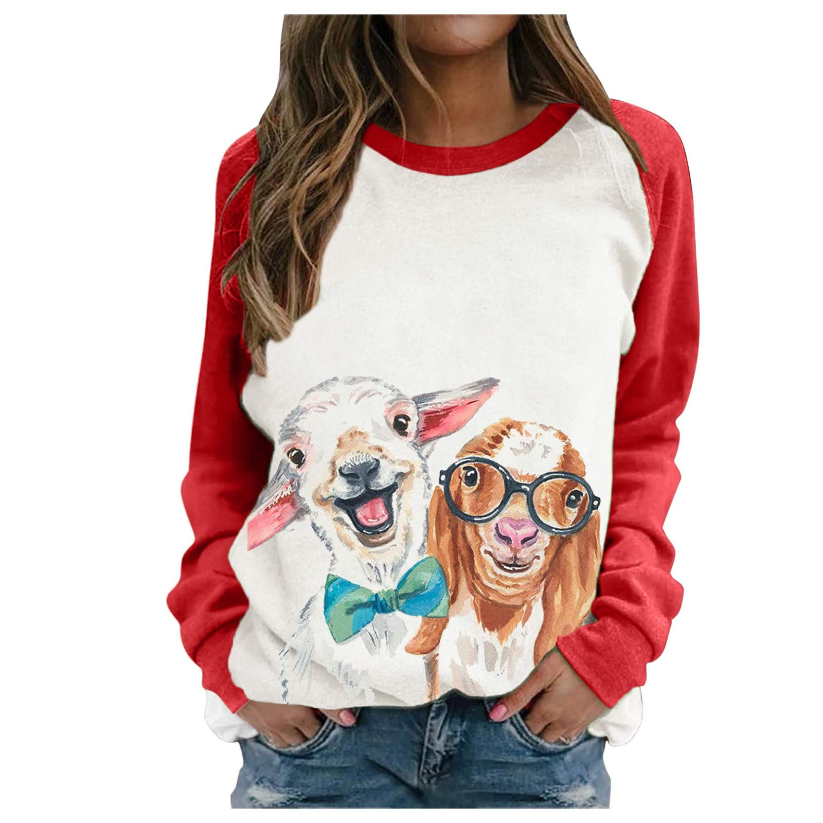 Women's White Dog Print Sheep Sweater Top with Long Contrast Stitching Sleeves - Cozy Base Layer for Casual Wear & Winter Outfits