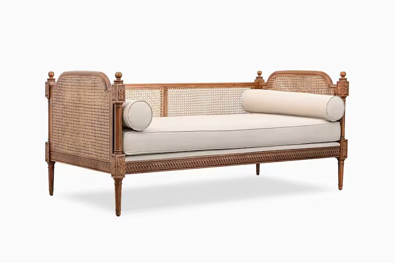 Hand Carved Solid Wood Rattan Canning Daybed Sofa - Rustic Outdoor Patio Furniture for Relaxing in Garden, Porch or Poolside