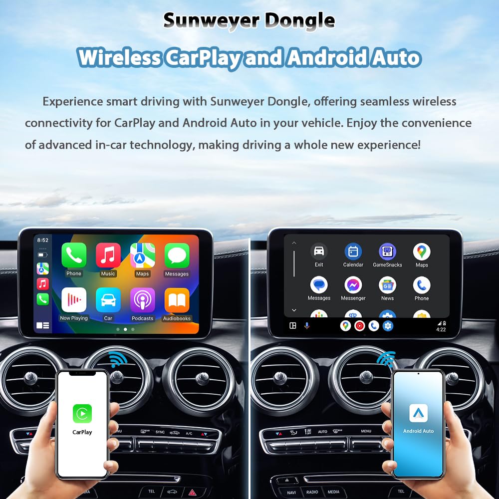 Sunweyer 2024 Wireless CarPlay & Android Auto Adapter - 2-in-1 Auto Connect Box with Online Updates | Wired to Wireless Converter for Cars 2015+ & iPhone iOS 10+ | Perfect for Commuting, Road Trips & Hands-Free Navigation