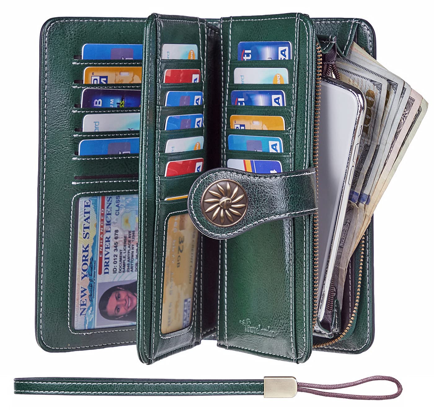Travelambo Women's RFID Blocking Leather Wallet - Large Capacity Credit Card Holder & Wristlet Purse for Everyday Use, Travel, and Shopping