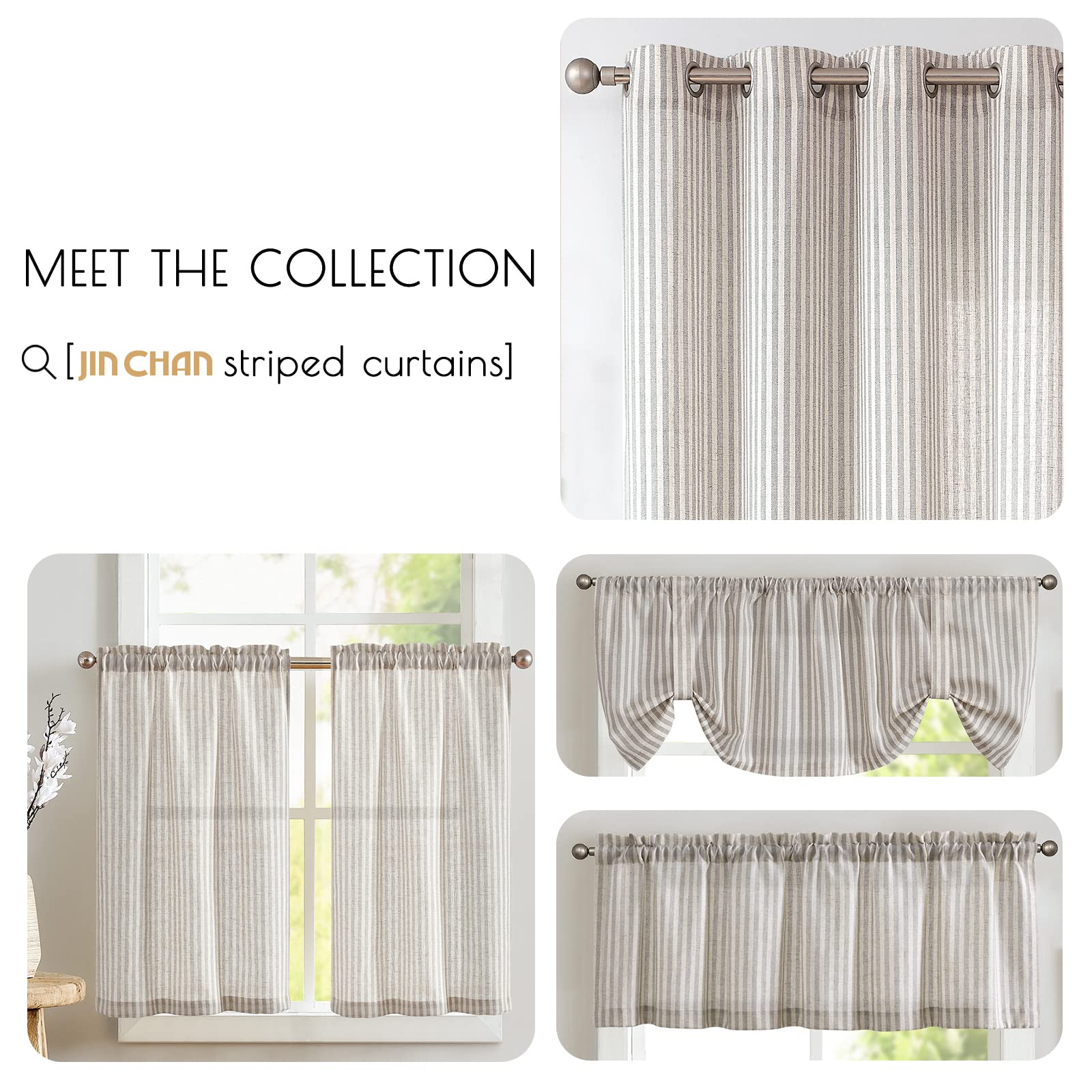 Jinchan 36 Inch Linen Kitchen Curtains - Striped Tier Window Drapes with Rod Pocket, Ticking Stripe Design for Farmhouse & Rustic Decor (Set of 2 Panels, Taupe) - Perfect for Living Room, Bathroom, Cafe & Small Windows