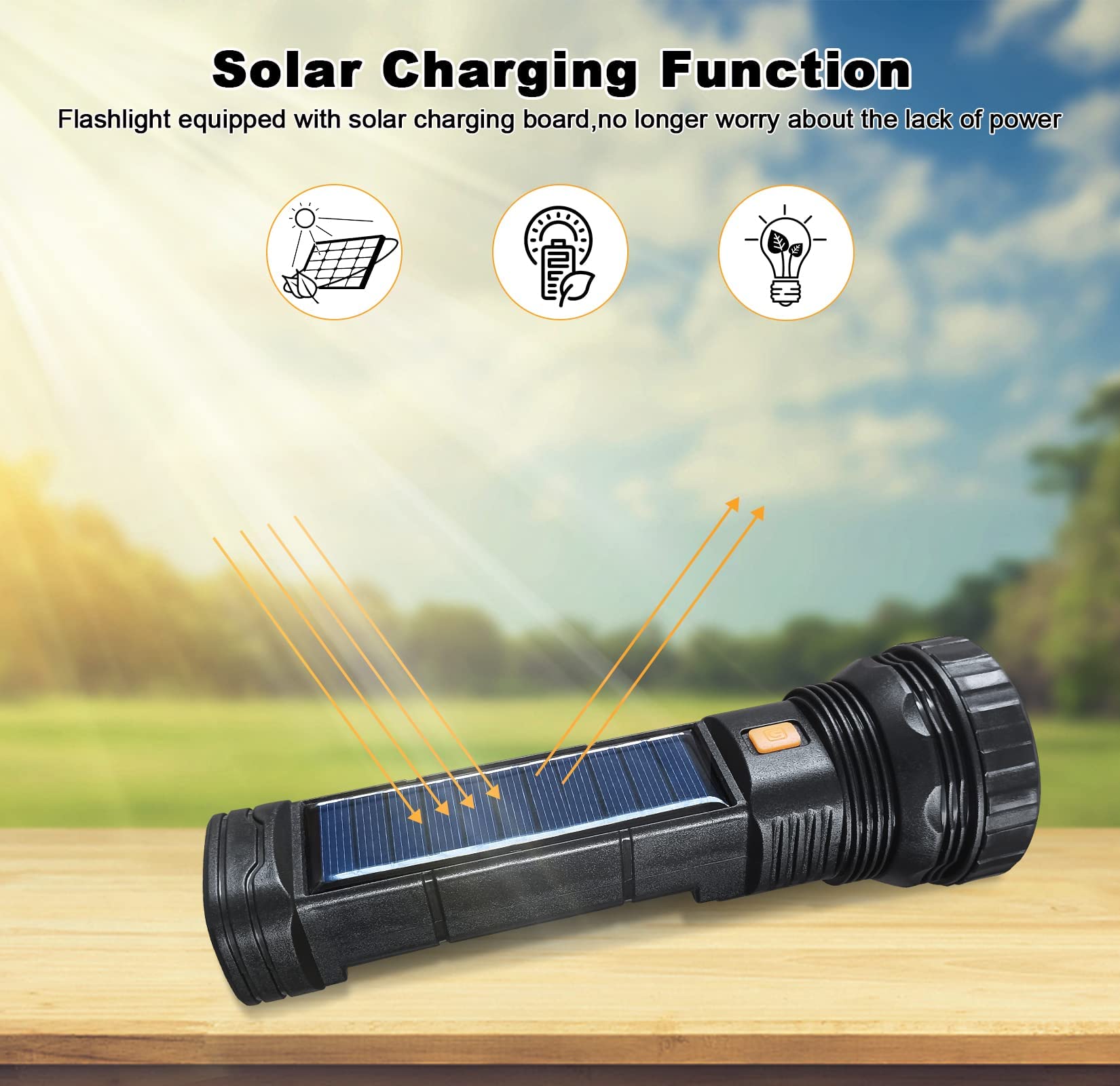**1000 Lumens Solar/Rechargeable LED Flashlight with Emergency Strobe Light, 1200mAh Battery & USB Charging Cable – Fast Charging, Portable Power Supply for Camping, Hiking & Emergency Preparedness**
