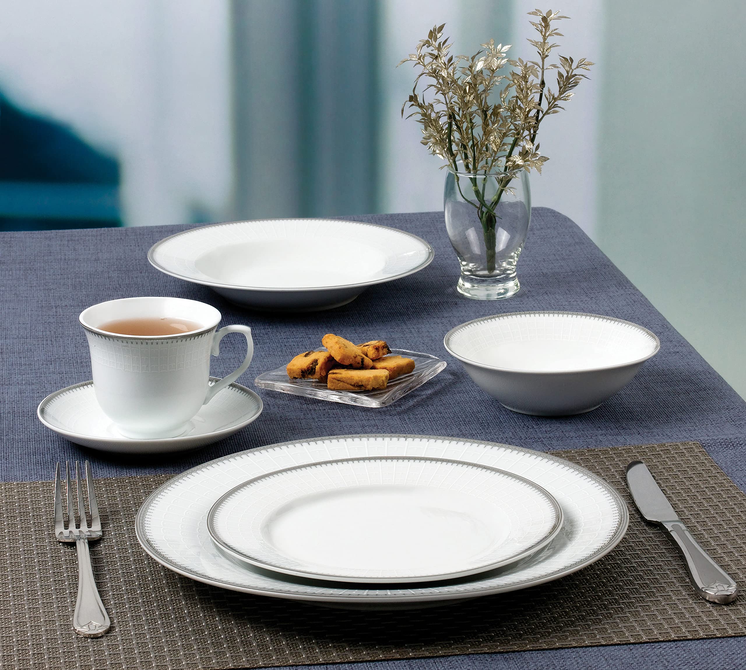57-Piece Elegant Porcelain Dinnerware Set for 8 - Alyssa Collection with Silver Trim | Perfect for Formal Dining, Dinner Parties & Holiday Entertaining