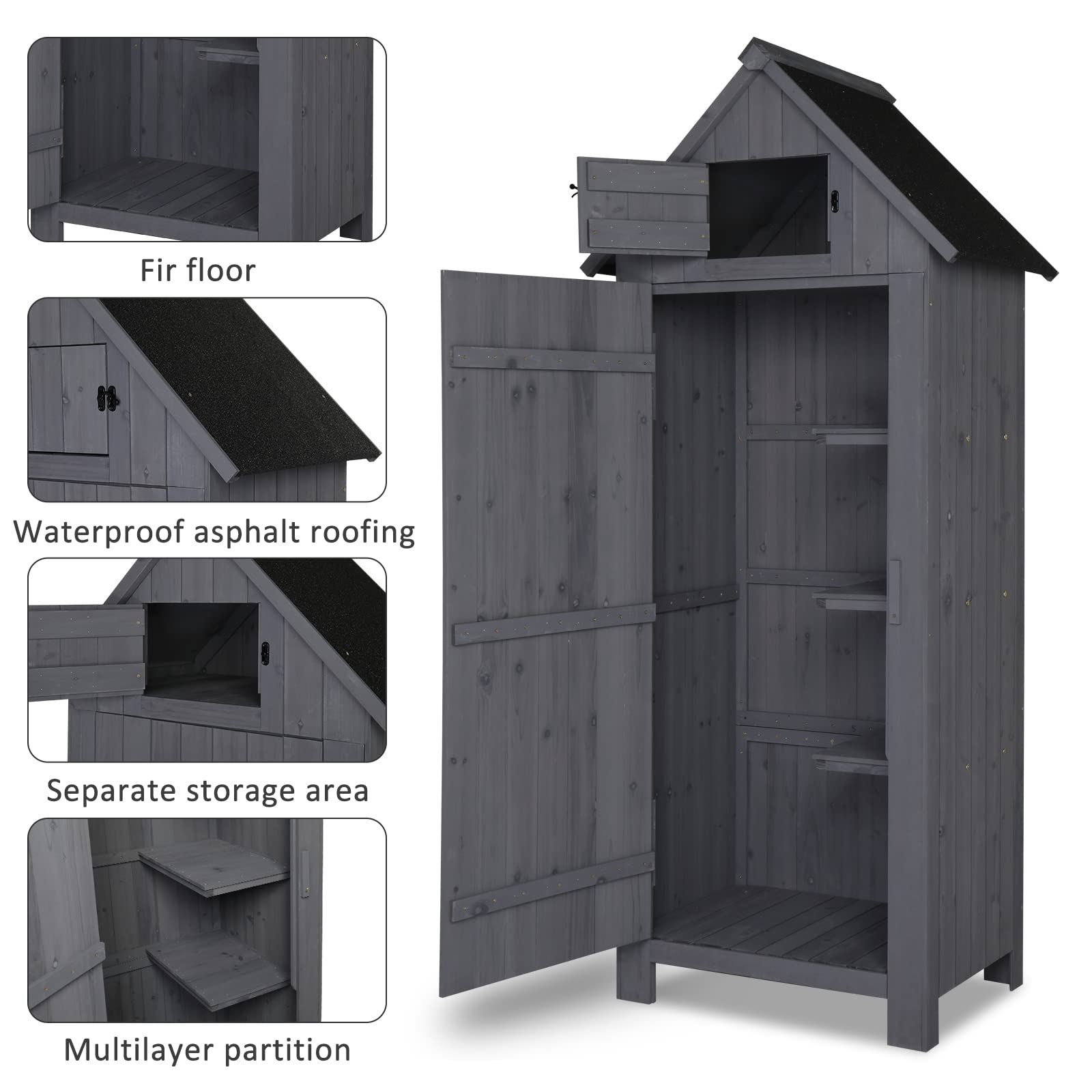 Outvita 70 Inch Waterproof Wooden Outdoor Storage Shed - Lockable Garden Tool Cabinet for Backyard, Lawn & Patio Organization (Grey) | Perfect for Storing Gardening Tools, Lawn Equipment & Seasonal Decor