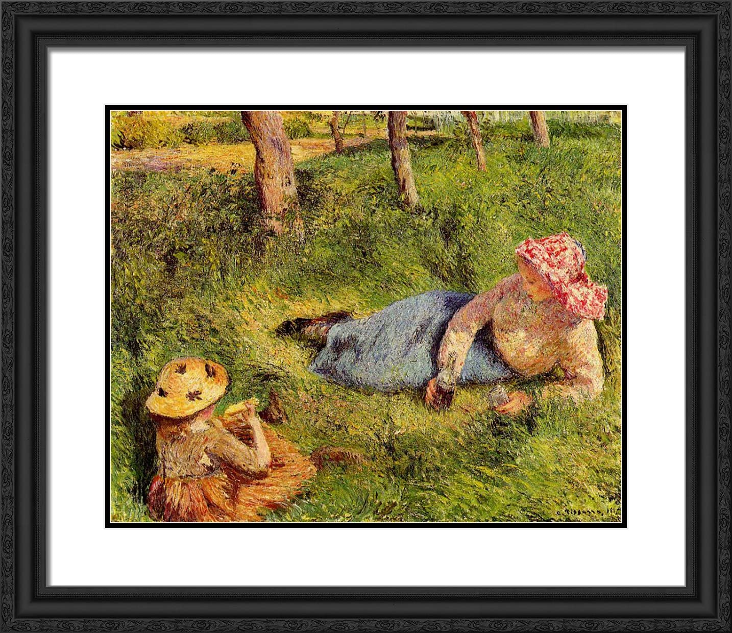 Camille Pissarro 'The Snack Child and Young Peasant at Rest' 23x20 Black Ornate Framed Art Print with Double Matting - Perfect for Living Room, Bedroom & Office Wall Decor