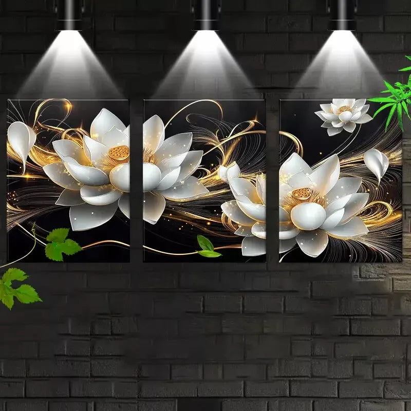 3-Piece Lotus Floral Design with Golden Accents Framed Canvas Art Set - 50x70cm High Quality Print - 100% Australian Made - Ready to Hang Wall Decor for Living Room, Bedroom & Office