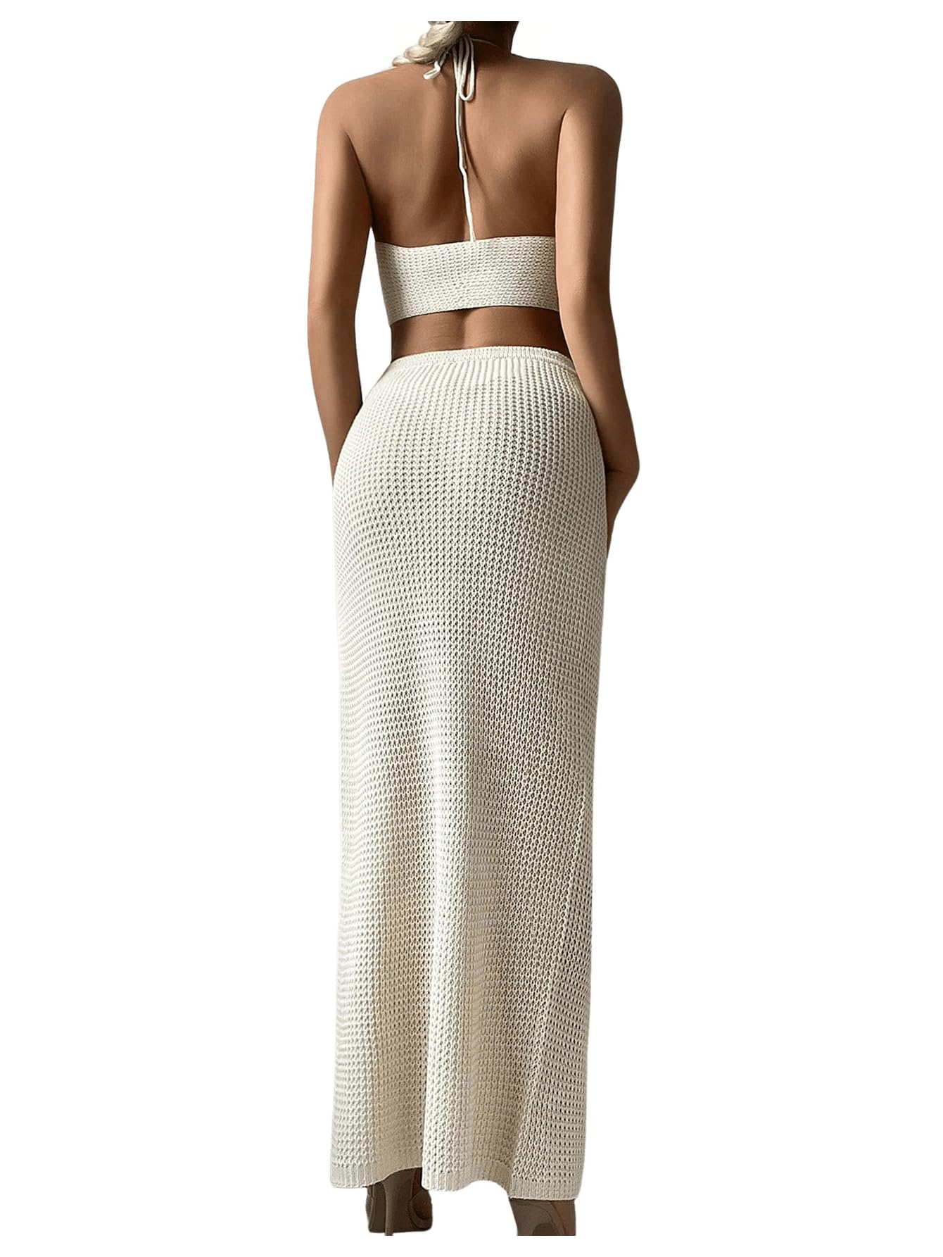 SHENHE Women's 2 Piece Beach Cover Up Set - Cross Halter Neck Swimsuit Cover Up Top & High Slit Long Skirt - Perfect for Poolside, Vacation, and Summer Outfits