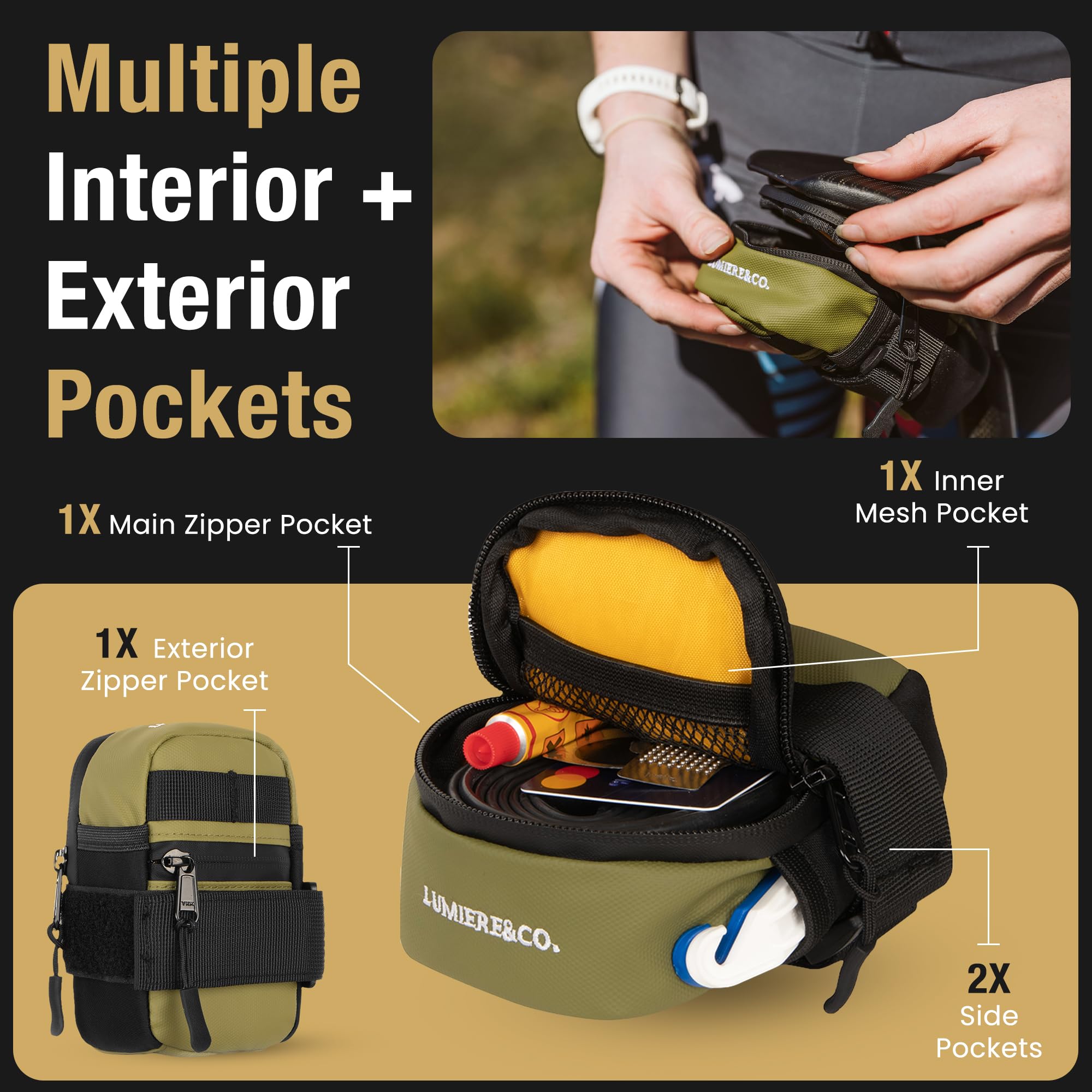 Lumiere & Co. Waterproof Bike Saddle Bag - Compact Under Seat Bicycle Storage for Road & Mountain Bikes - Perfect for Cycling, Commuting & Outdoor Adventures