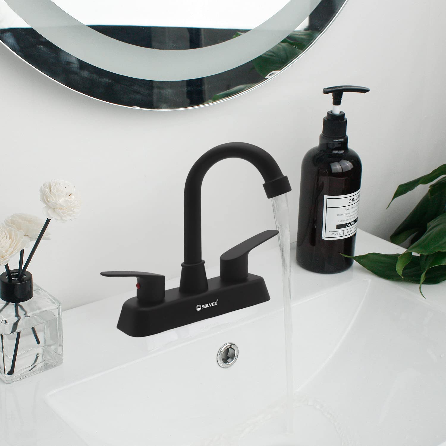 SOLVEX Matte Black 4 Inch Centerset Bathroom Faucet - 3 Hole Deck Mounted Sink Faucet with Lever Handles SP-40067-N for Bathroom Vanity & Powder Room Renovation