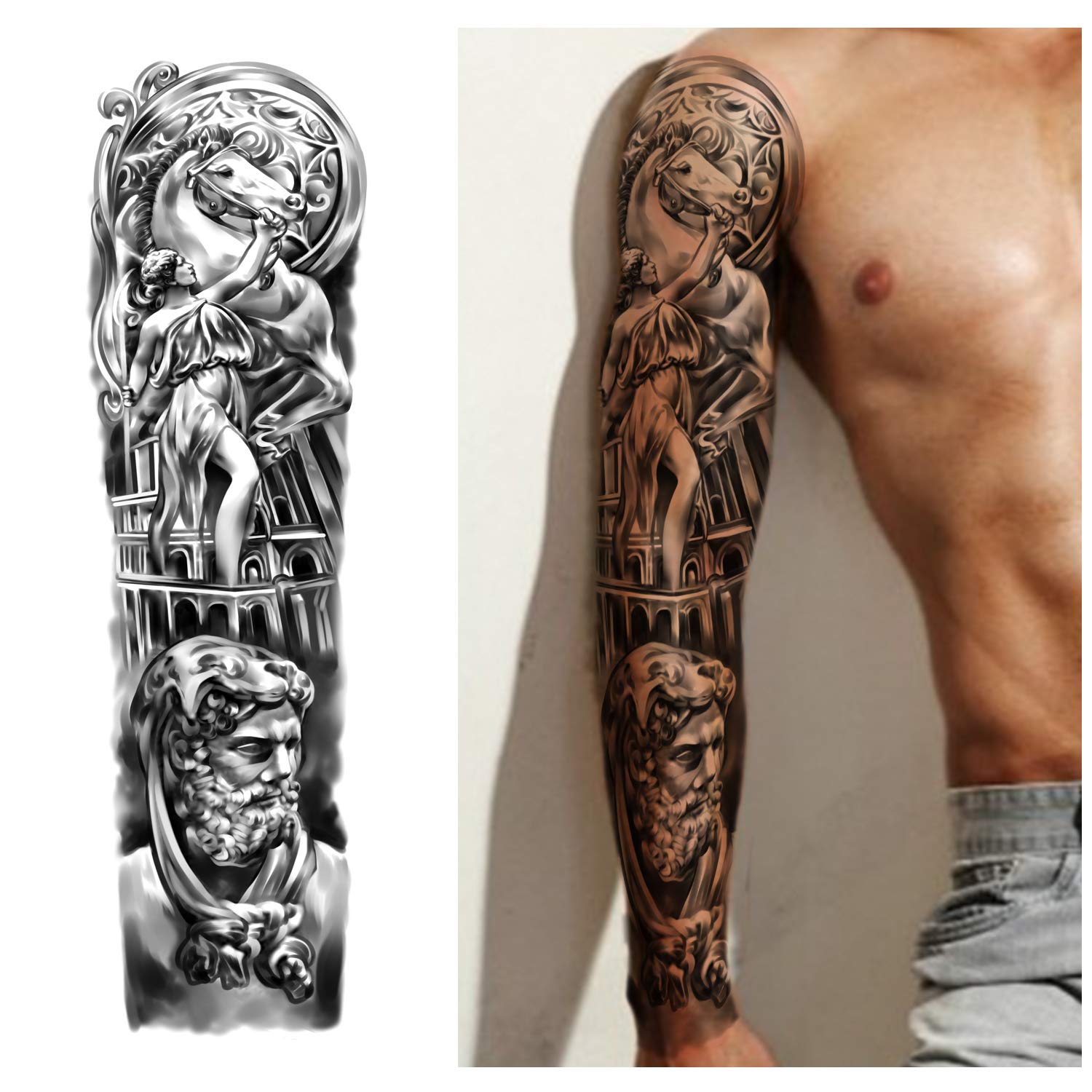 Premium Full & Half Arm Temporary Tattoos - 16 Sheets (8 Full Arm + 8 Shoulder) Waterproof Fake Tattoo Stickers for Men & Women - Extra Large 22.83