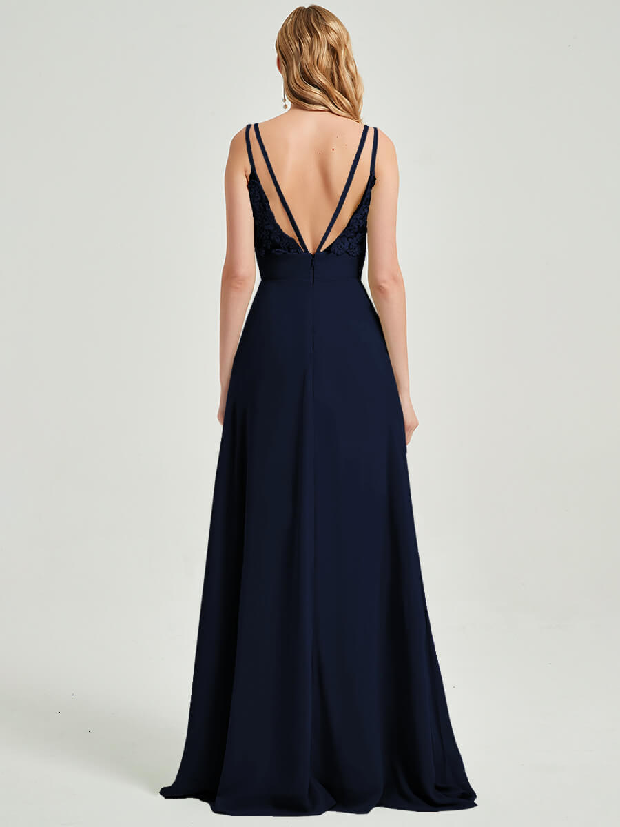 Elegant Dark Navy Spaghetti Strap Maxi Dress with Lace Chiffon & High Slit - Perfect for Bridesmaids, Weddings & Formal Occasions
