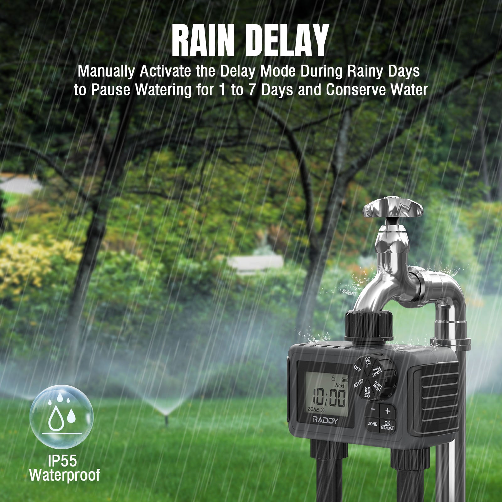 Raddy WS 5 Outdoor Water Timer - 2 Outlet IP55 Waterproof Irrigation Timer with Large LCD Screen, Low Battery Alert, Rain Delay & Manual Mode for Garden, Lawn, and Plant Watering System