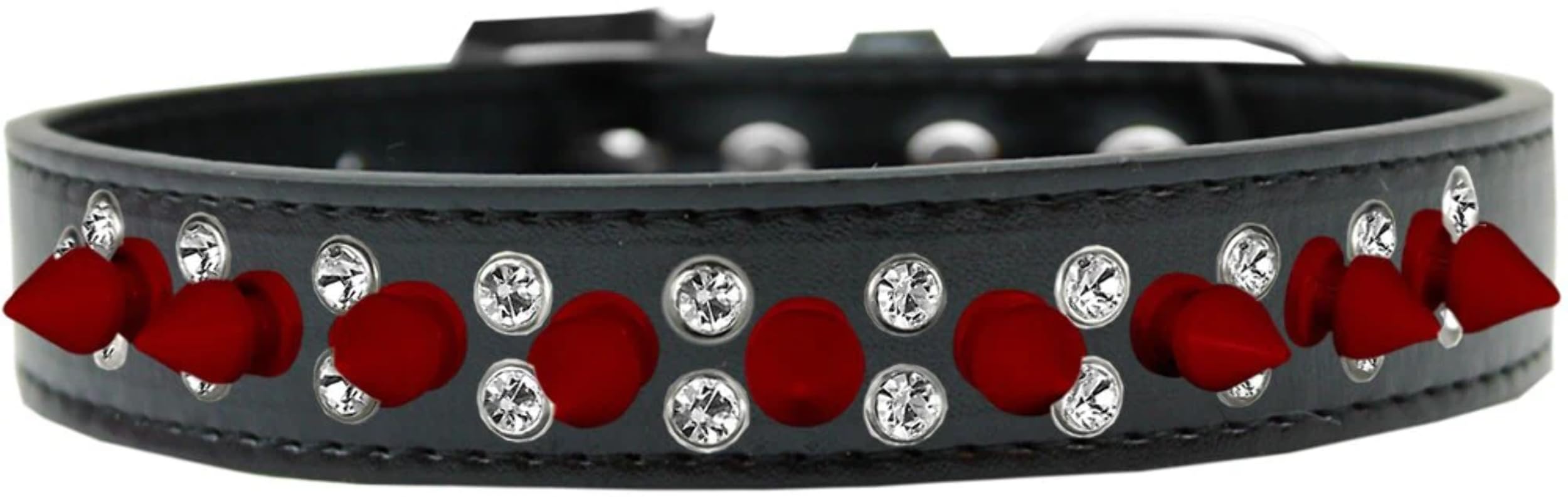 Stylish Pet Dog Spike Collar with Double Crystal & Red Spikes - Adjustable Red Leather Dog Collar for Small Medium Large Dogs - Perfect for Punk Fashion, Halloween Costumes & Daily Walks