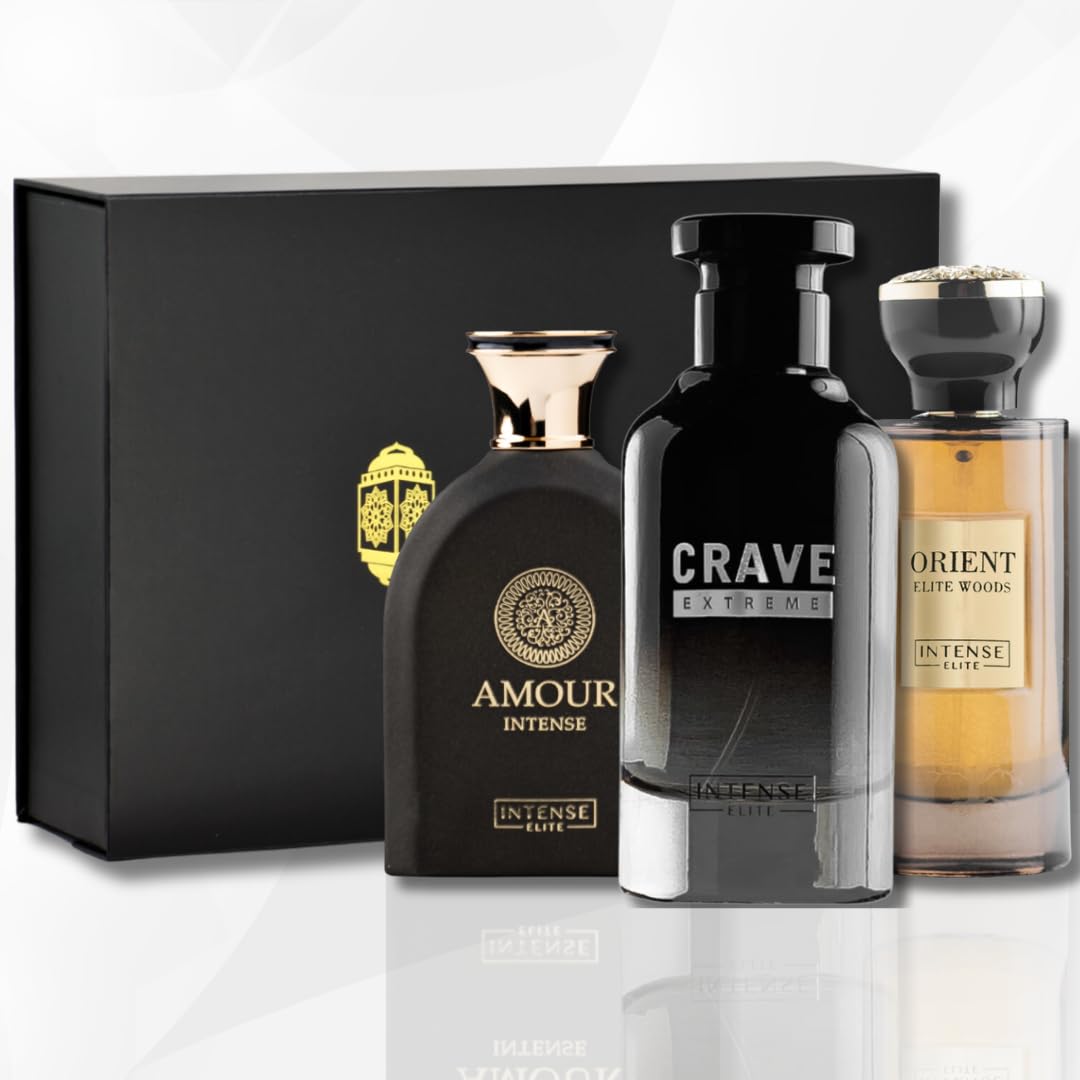 Luxury Arabian Perfume Set for Women & Men - INTENSE ELITE Amour Intense, Orient Elite Woods, Crave Extreme Eau de Parfum 100ml (3.4oz) Trio with Magnetic Gift Box | Unisex Fragrance for Date Night, Special Occasions & Daily Wear