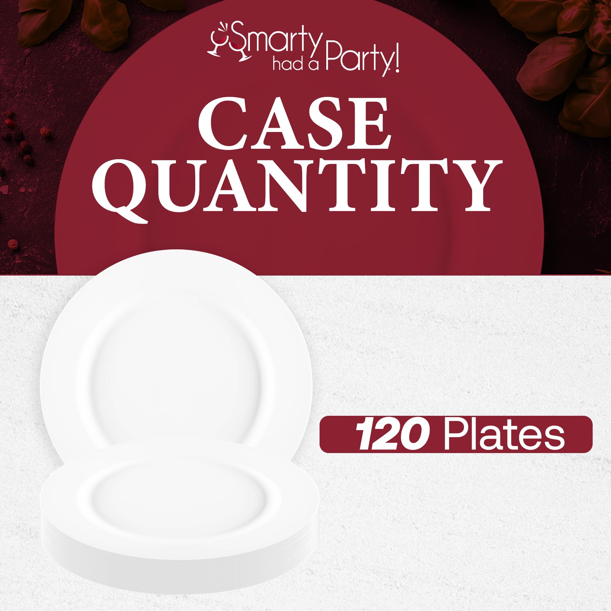 Smarty Had A Party Disposable Plastic Plates - 120 Pack Heavy Duty 10 Inch White Round Dinner Plates for Weddings, Birthdays, BBQs & Events - Durable Matte Finish Party Tableware for Indoor/Outdoor Use