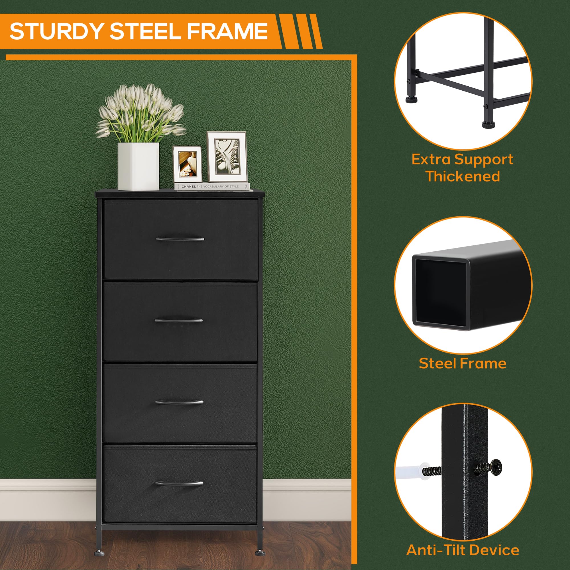 DUMOS 4-Drawer Dresser for Bedroom - Tall Fabric Storage Organizer with Wooden Top & Metal Frame - Perfect for Clothes, Kids Room, Living Room, Hallway & Entryway - Black (Great for Small Space Organization & Home Decor)