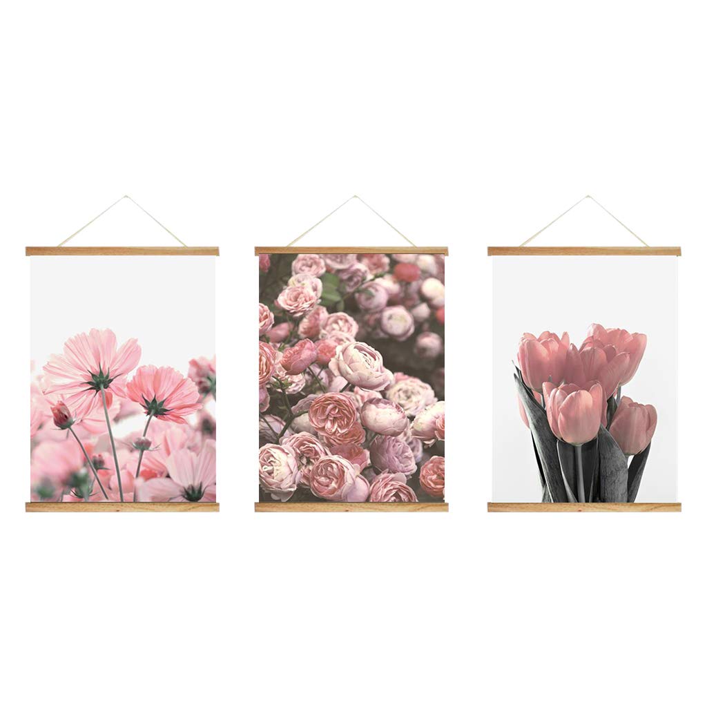 QUQUTWO 3 Panel Pink Floral Wall Art with Wood Frames - 18