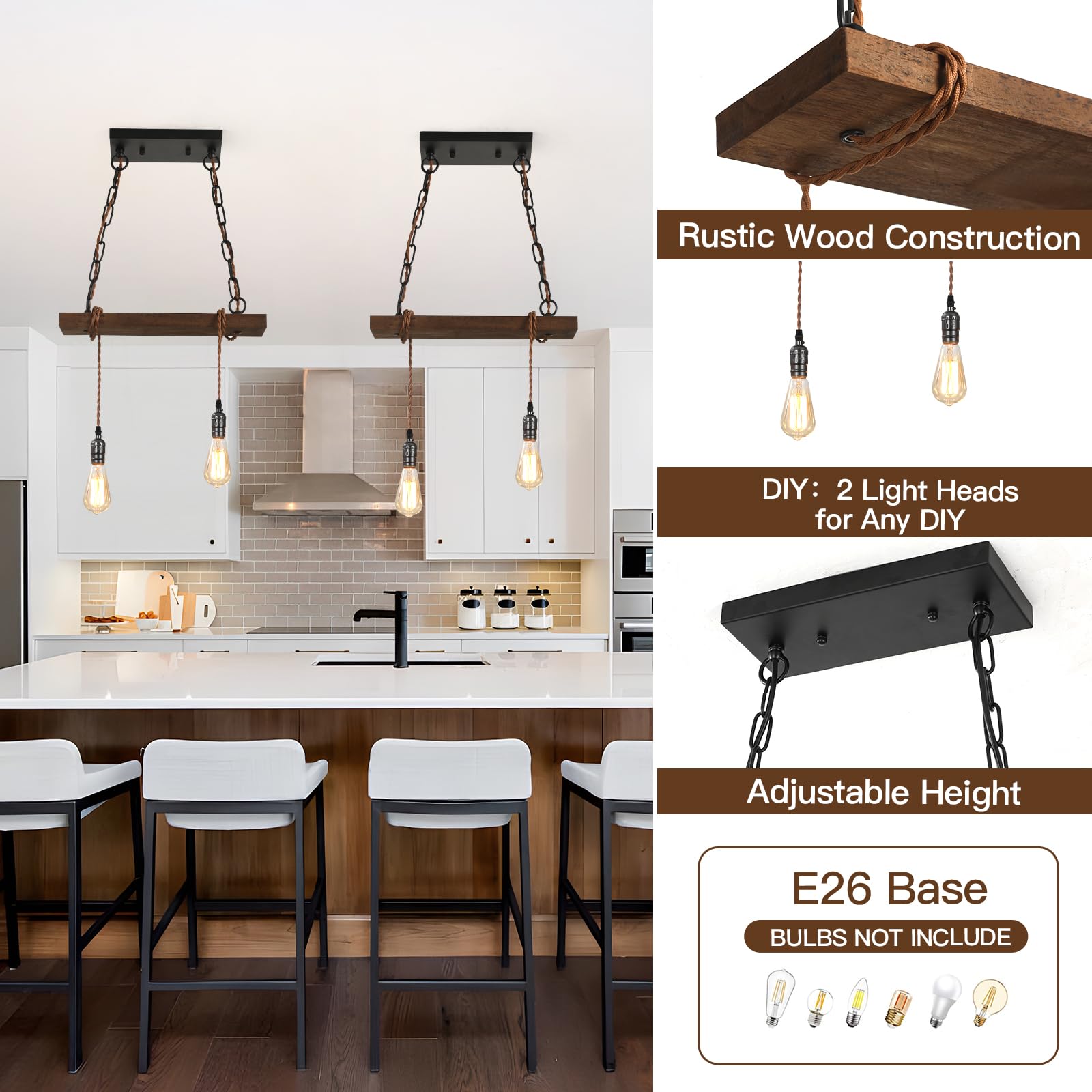 Farmhouse Pendant Lights for Kitchen Island - 2-Light Rustic Wooden Ceiling Hanging Light Fixture with Adjustable Height - Perfect for Dining Room, Bar, Pool Table, Cabin & Farmhouse Decor